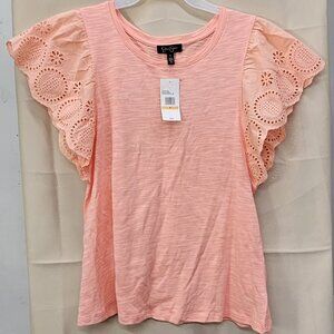 Jessica Simpson NWT Peach Amber Flutter Sleeve Tee Shirt Women’s Size S Eyelet